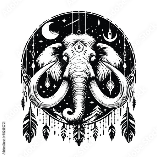 Mammoth with bohemian decoration in black and white illustrations, cutout graphic