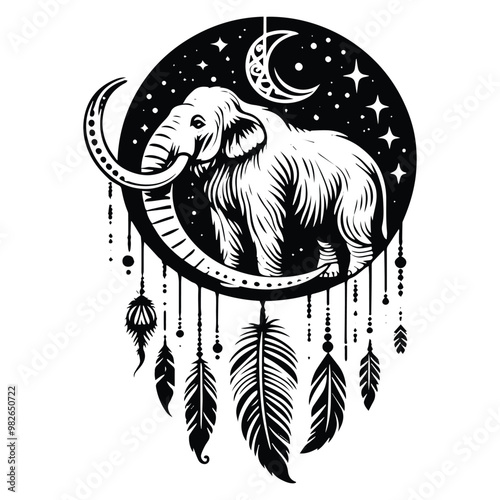 Mammoth with bohemian decoration in black and white illustrations, cutout graphic