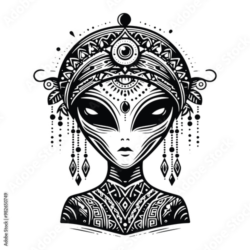 martian alien with bohemian decoration decoration in black and white illustrations, cutout graphic