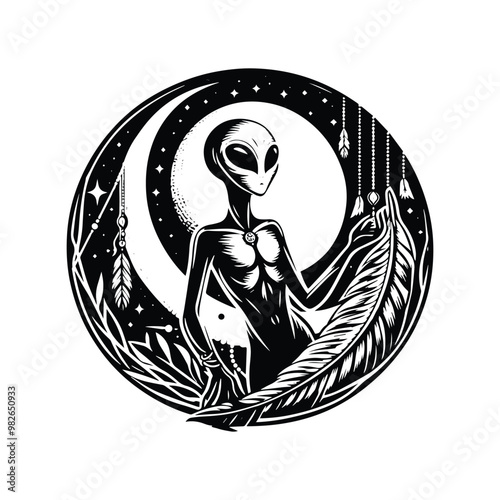 martian alien with bohemian decoration in black and white illustrations, cutout graphic f