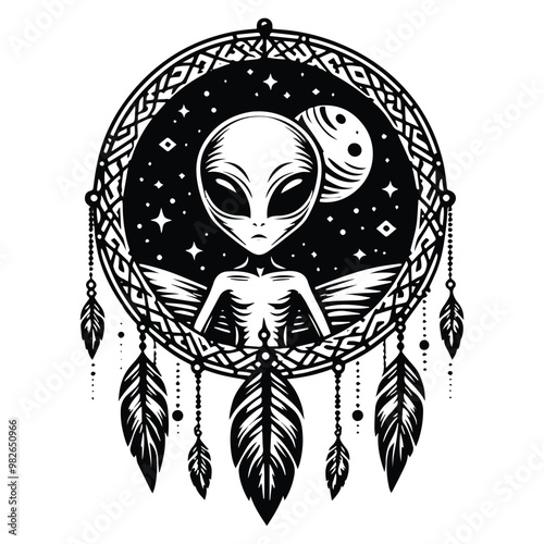 martian alien with bohemian decoration in black and white illustrations, cutout graphic f