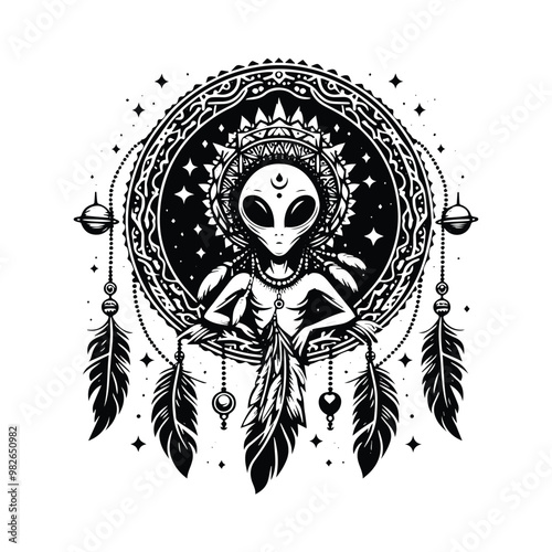 martian alien with bohemian decoration in black and white illustrations, cutout graphic f