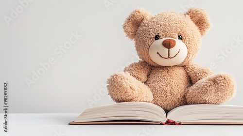 A teddy bear is sitting on top of an open book