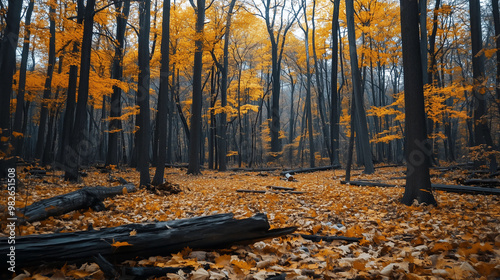Fototapeta Naklejka Na Ścianę i Meble -  A forest filled with yellow leaves and fallen trees, a dark and atmospheric scene.