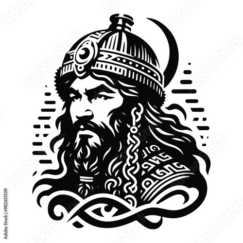 Mongols warrior with bohemian decoration in black and white illustrations, cutout graphic