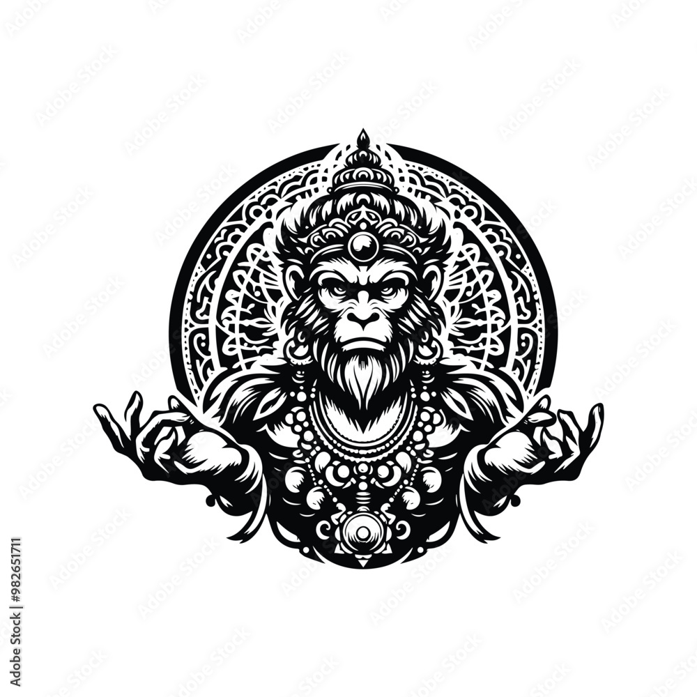 Fototapeta premium monkeyking Sun Wukong with bohemian decoration in black and white illustrations, cutout graphic