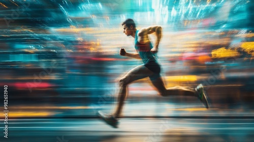 A dynamic image of a runner in motion, set against a vibrant, blurred cityscape, capturing the essence of speed and determination.