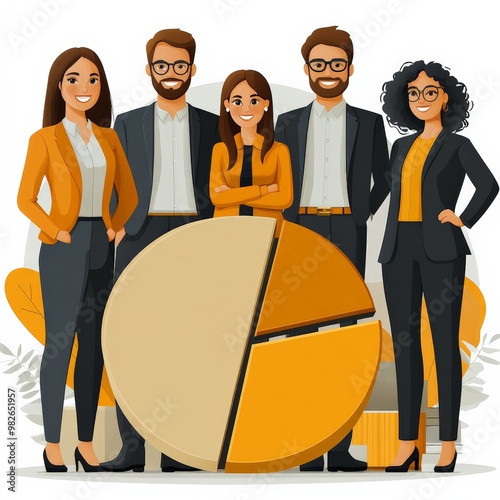 Business Team Success: A diverse group of professionals stands confidently together in front of a pie chart, symbolizing their shared success and unwavering commitment. This cartoon embod photo