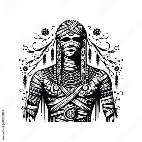 mummy male with bohemian decoration decoration in black and white illustrations, cutout graphic