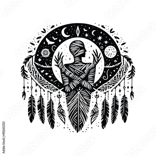 mummy male with bohemian decoration in black and white illustrations, cutout graphic