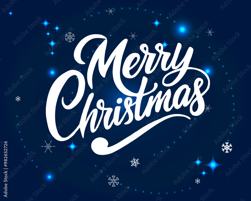 Holiday vector card. Snowflakes and luminous particles on the deep blue background. Text Merry Christmas Holiday vector card. Snowflakes and luminous particles on the deep blue background. Text Merry Christmas