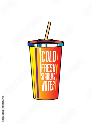 Fast food plastic cup with straw. Hot or cold drink. Original vector illustration in vintage style.