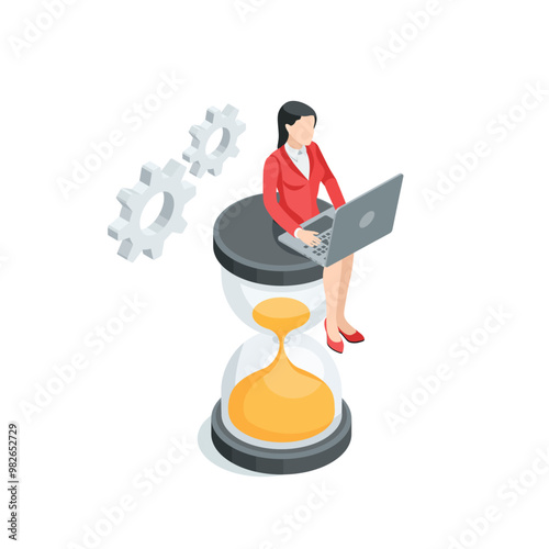 isometric vector woman in business suit with laptop sits on hourglass, in color on white background, deadline or working hours
