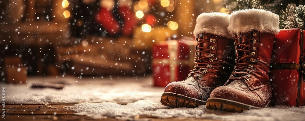 Cozy winter boots adorned with fur, surrounded by festive decorations, evoke warmth and holiday spirit in a snowy setting. Cozy winter boots adorned with fur, surrounded by festive decorations, evoke warmth and holiday spirit in a snowy setting.