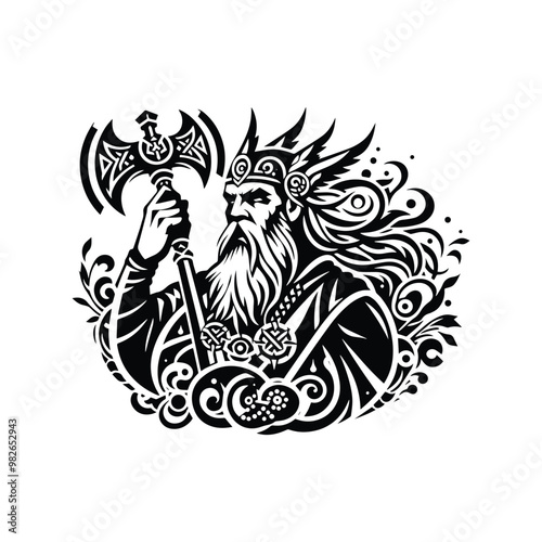odin nordic god with bohemian decoration in black and white illustrations, cutout graphic