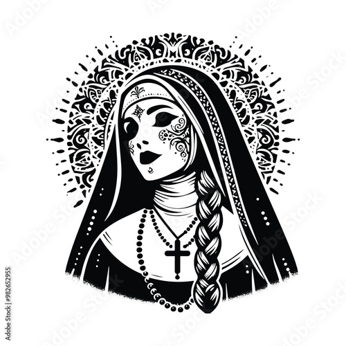 nun with bohemian decoration decoration in black and white illustrations, cutout graphic