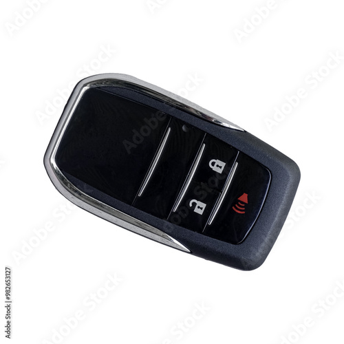 black car key and remote control with red button alarm
