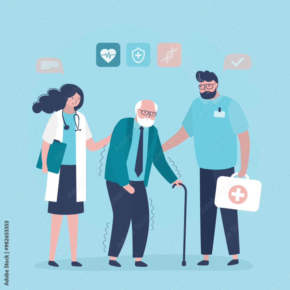 Parkinson's disease, dementia symptoms. Medical staff team help patient with neurological disease. Aged man with brain activity problems. Age related changes. Parkinson's disease, dementia symptoms. Medical staff team help patient with neurological disease. Aged man with brain activity problems. Age related changes.