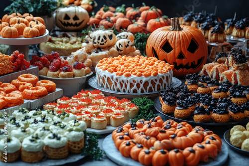 The table is adorned with a variety of Halloween-themed desserts including pumpkins, spooky decorations, and an array of colorful sweets perfect for the season