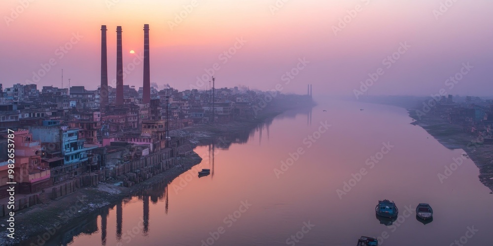Sunset over a river city with two chimneys. Sunset over a river city with two chimneys.