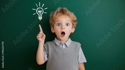 Curious child pointing upwards as a lightbulb icon appears, representing a moment of realization or learning. photo