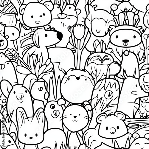 Forest animals black and white seamless pattern. Coloring page with woodland characters. Illustration of modern style.