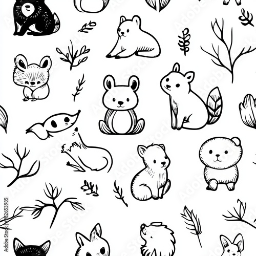This is a doodle coloring page of woodland characters with a black and white seamless pattern. It is illustrated with a modern illustration design.