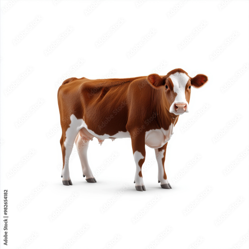 A brown cow with white markings, standing alone and isolated on a white background, facing forward. A brown cow with white markings, standing alone and isolated on a white background, facing forward.