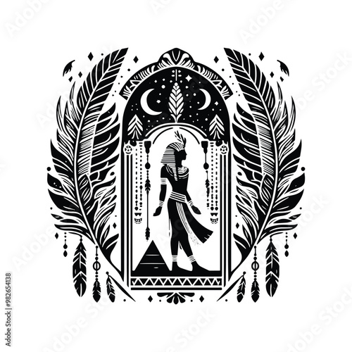 Pharaoh with bohemian decoration in black and white illustrations, cutout graphic a