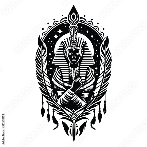 Pharaoh with bohemian decoration in black and white illustrations, cutout graphic w