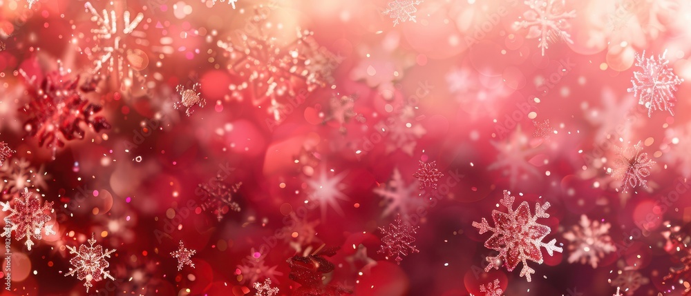 Glittery red snowflakes falling gently on a sparkling holiday-themed background. Free copy space for text.