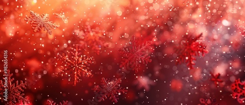 Glittery red snowflakes falling gently on a sparkling holiday-themed background. Free copy space for text.