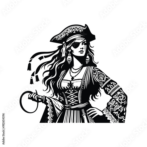 pirate female with bohemian decoration decoration in black and white illustrations, cutout graphic