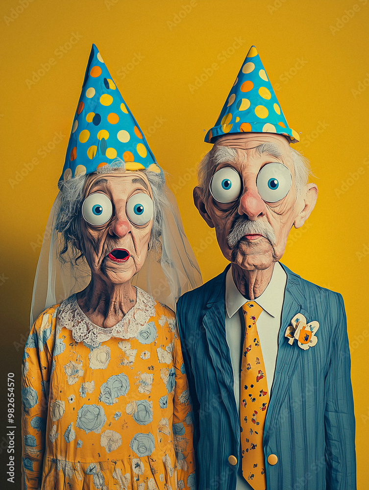 Obraz premium Eccentric elderly couple in colorful, surreal outfits, wearing oversized round glasses and bold, whimsical headgear.