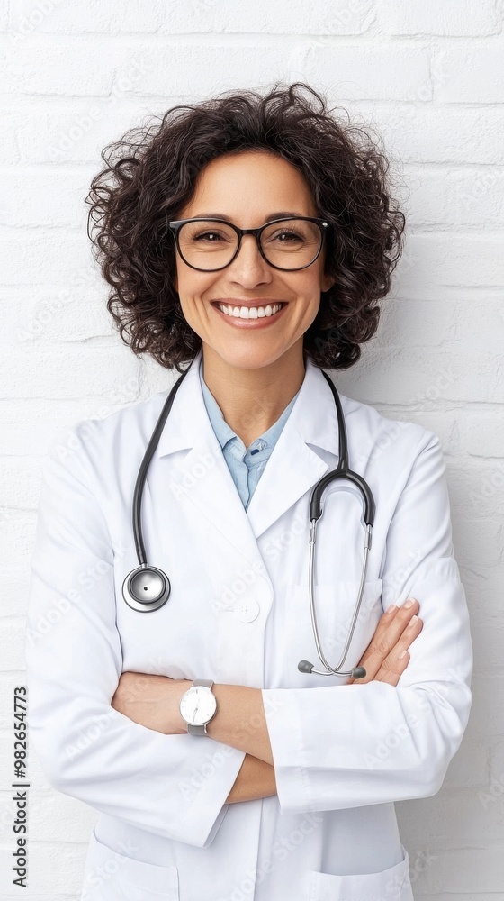 Confident female doctor smiling warmly, wearing a lab coat and stethoscope, showcasing professionalism and approachability. Confident female doctor smiling warmly, wearing a lab coat and stethoscope, showcasing professionalism and approachability.
