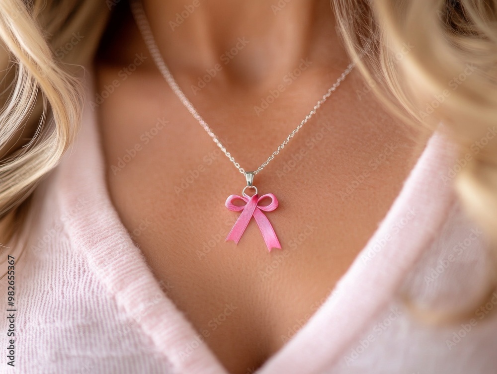 A delicate silver necklace featuring a pink ribbon charm, symbolizing hope and awareness for various causes. A delicate silver necklace featuring a pink ribbon charm, symbolizing hope and awareness for various causes.