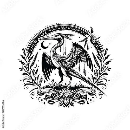 Pteranodon with bohemian decoration decoration in black and white illustrations, cutout graphic