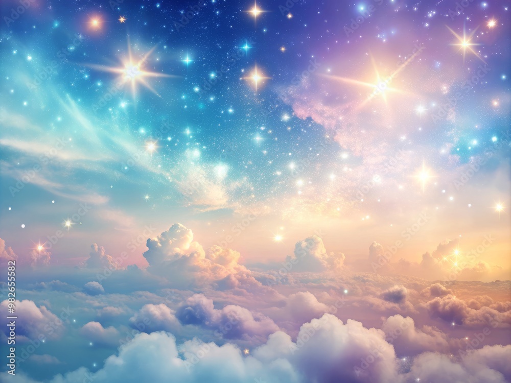 Fototapeta premium Ethereal Atmosphere a breathtaking 3D graphic of a pastel dream sky with delicate sparkles and subtle, shimmering particles, set against a bright, cloudless background
