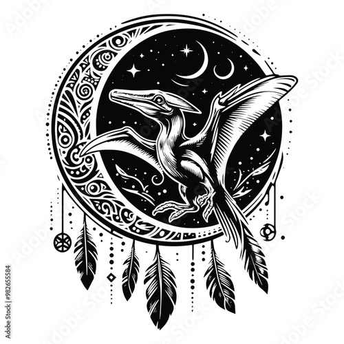 Pteranodon with bohemian decoration in black and white illustrations, cutout graphic e