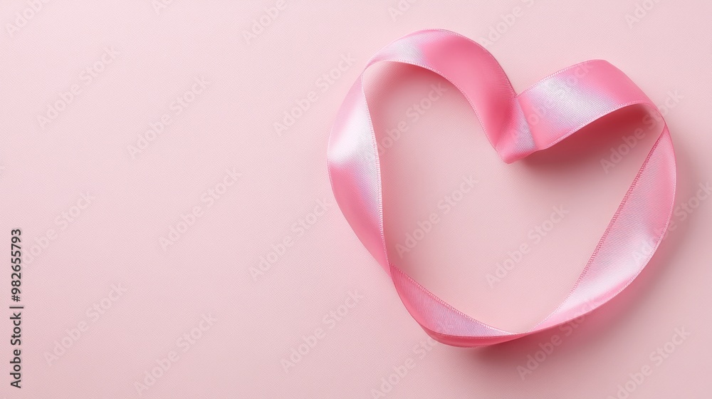 A pink ribbon shaped like a heart on a soft pink background, symbolizing love and tenderness. A pink ribbon shaped like a heart on a soft pink background, symbolizing love and tenderness.