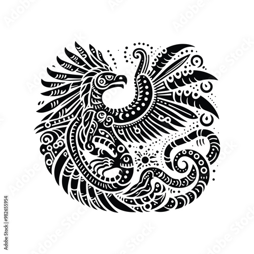 Quetzalcoatl with bohemian decoration decoration in black and white illustrations, cutout graphic