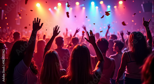 Crowd enjoying a vibrant concert with colorful lights and confetti in a lively venue during the evening hours