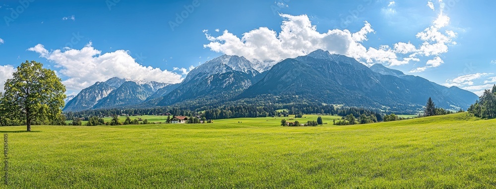 Fototapeta premium Stunning Mountain Landscape with Green Meadow and Blue Sky