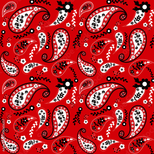 Paisley seamless pattern with white and black  flowers