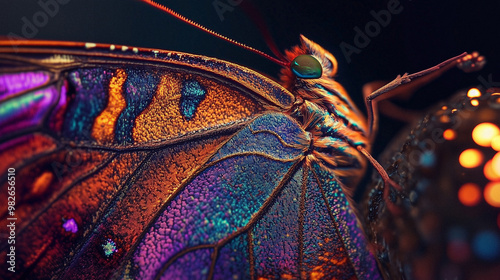 A vibrant AI-generated close-up of a colorful butterfly with intricate patterns on its wings, perched on a bright flower. The vivid colors and details create a striking and beautiful scene. photo