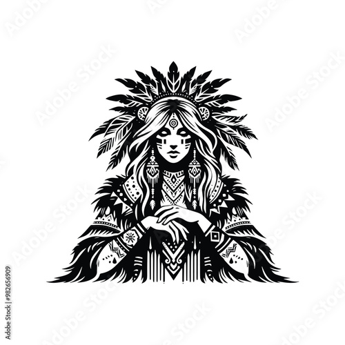 shaman female with bohemian decoration decoration in black and white illustrations, cutout graphic black and white illustration