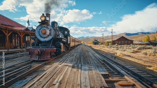 Fototapeta Naklejka Na Ścianę i Meble -  A vintage train station in the American West, with weathered wooden platforms and an old steam engine waiting to depart. The open countryside and clear sky offer generous room for copy space