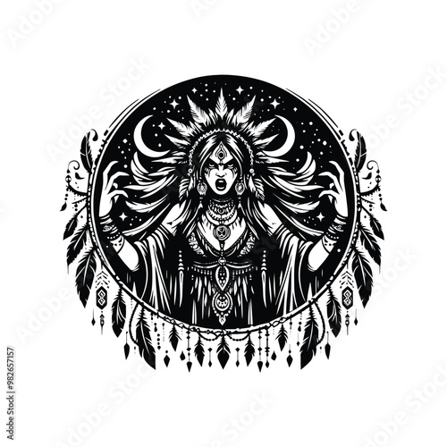 shaman female with bohemian decoration in black and white illustrations, cutout graphic black and white illustration
