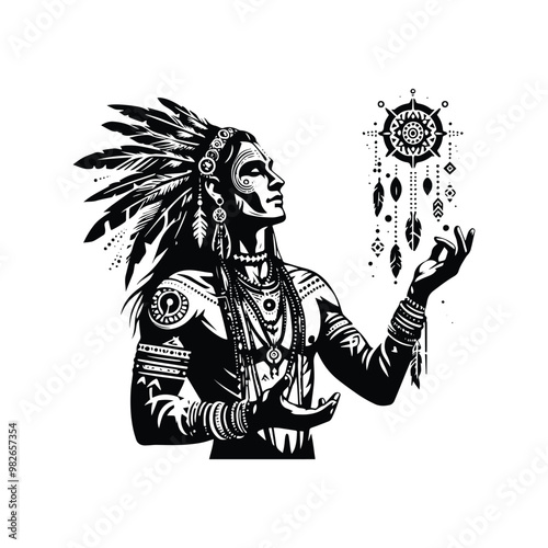 shaman male with bohemian decoration decoration in black and white illustrations, cutout graphic