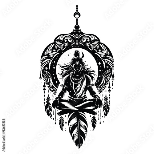 Shiva hindu god with bohemian decoration in black and white illustrations, cutout graphic s photo